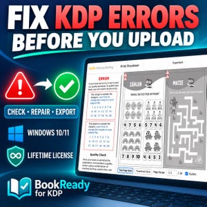 Peut inclure: Un graphique numérique affichant le texte FIX KDP ERRORS BEFORE YOU UPLOAD, montrant un écran d'ordinateur avec le logiciel Kindle Direct Publishing, des avertissements d'erreur, une icône d'exclamation rouge, une coche verte et le texte BookReady for KDP.