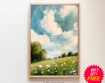 Spring Wildflower Landscape Art - Farmhouse Country Décor Wall Art - Digital Download Printable - Meadow Oil Painting