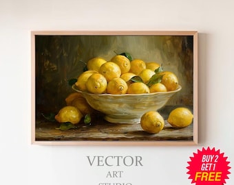 ムーディーなレモンの絵画 | 印刷可能なアート | ヴィンテージフルーツ
