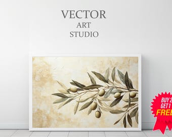 オリーブの枝の絵画 | オリーブの木の植物アート | 落ち着いた色彩
