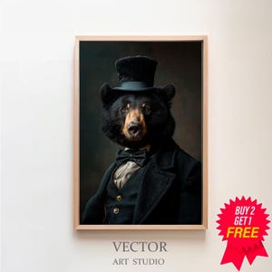 May include: A black bear wearing a black top hat and a tuxedo, with a bow tie. The bear is looking directly at the viewer. The background is a dark brown colour.