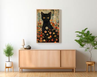 グスタフ・クリムト、庭の黒猫 ウォールアート プリント ポスター 額