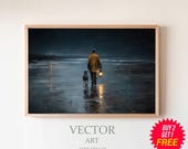 Antique Oil Painting Nautical Seascape, Vintage Home Decor, Coastal Landscape Wall Art, Framed Vintage Print, Old World Sea Art Print