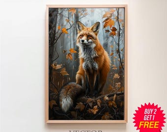 Fox Cottagecore Print, Forest Animal Vintage Oil Painting, Whimsical Fox Poster Victorian Aesthetic Woodland Printable, Botanical Wall Art