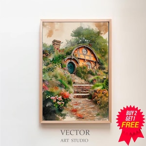 Bag End Painting, Watercolor Hobbiton Painting, Lord, Fantasy Art, Rings, Fantasy Painting, Middle, Earth, Fantasy Print