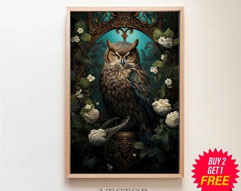 William Morris Inspired Owl Art Print, Bird Print, Forest Print, Owl Wall Art, Owl Gift, Owl Poster Bird Nature Large Wall Art Canvas