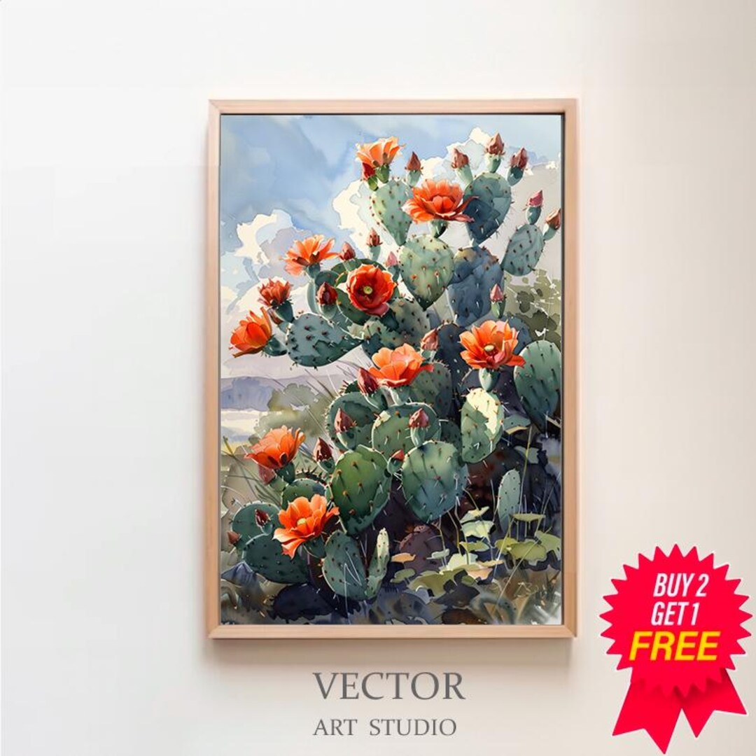 Flower Prickly Pear Cactus Print Watercolor Painting Botanical Desert ...