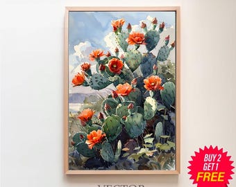 Impresión de acuarela de cactus con flores de tuna, arte de pared botánico del desierto, regalo del suroeste, decoración occidental, arte sonorense inspirado en la naturaleza