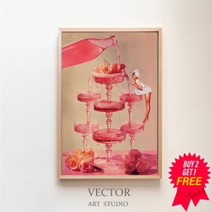 Pink Vintage Bar Cart Print Alcohol Cheers Print, Bar Cart Accessories, Champagne Glass Printable Wall Art Preppy Wall Decor Bar Cart Signs