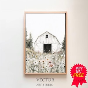 Printable Rustic Barn Art, White Barn Painting, Rustic Farmhouse Summer Decor, Digital Download, Countryside Print