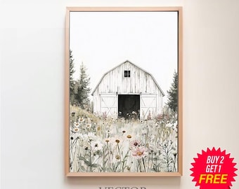 Printable Rustic Barn Art, White Barn Painting, Rustic Farmhouse Summer Decor, Digital Download, Countryside Print