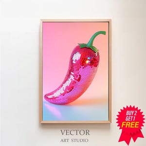 Printable Wall Art, Chili Pepper Disco Ball Maximalist Painting, Mirror Ball Girly Kitchen Print, Dopamine Dining Room Preppy Food Poster