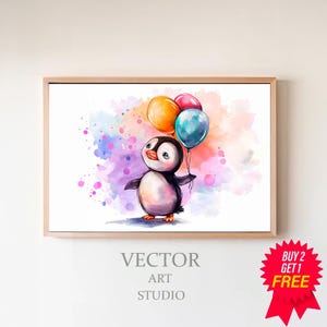 May include: A watercolor painting of a penguin holding three balloons. The balloons are yellow, pink, and blue. The penguin is standing on a watercolor background with pink, purple, and blue colors.