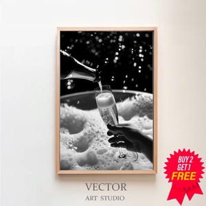 Feminist Poster, Woman Drinking Champagne in Bubble Bath Print, Black and White, Alcohol Wall Art, Digital Download, Girls Bathroom Decor