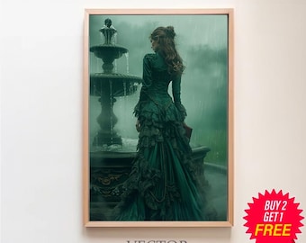 Victorian Lady By The Fountain Print, Vintage Poster, Art Poster Print, Gothic Victorian, Dark Academia