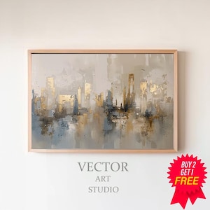 以下が含まれることがあります： 明るい木製フレームに入った抽象的な都市景観の絵画。このアートワークは、金、グレー、青の色調で、反射する水面のあるスカイラインを描いています。「VECTOR ART STUDIO」の文字が下部に表示されています。