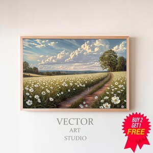 Spring Meadow Print - White Flowers Field - Vintage Style Décor - Landscape Painting- Digital Download PRINTABLE Art - Farmhouse