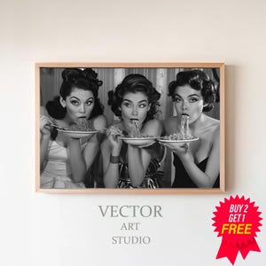 Women Eating Spaghetti With Chopsticks Wall Art, Women Eating Pasta Print, Black and White Photo, Retro Wall Decor, Vintage Wall Art