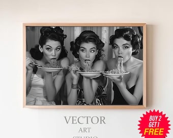 Women Eating Spaghetti With Chopsticks Wall Art, Women Eating Pasta Print, Black and White Photo, Retro Wall Decor, Vintage Wall Art