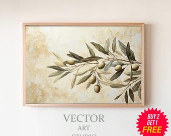 オリーブの枝の絵画 | オリーブの木の植物アート | 落ち着いた色彩