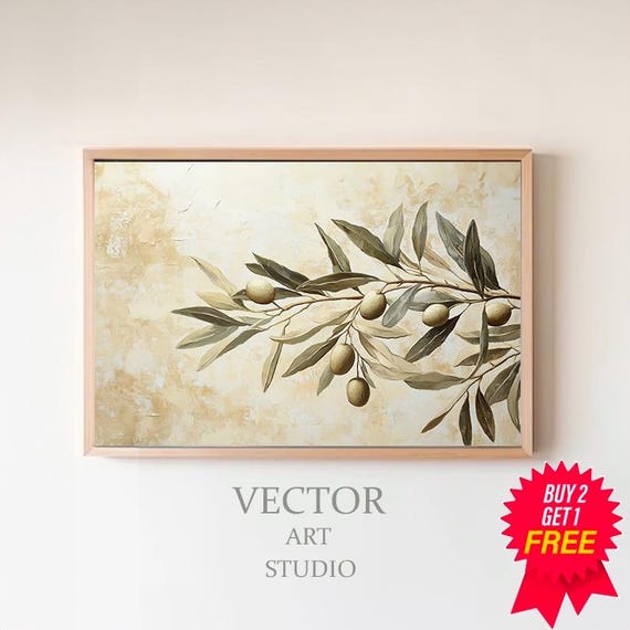 オリーブの枝の絵画 | オリーブの木の植物アート | 落ち着いた色彩