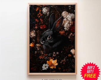 Black Rabbit Dark Botanical Gothic Cottagecore Art, Moody Floral Painting, Goth Wall Art, Dark Academia Print, Witchy Room Decor Printable