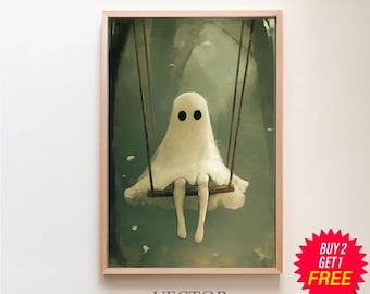 Ghost On The Swing Poster, Sheeted Ghost Art Print, Cute Little Ghost Face Spooky Gothic Printable, Dark Academia Room Decor, Abandoned Art