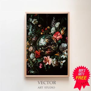 Vivid Printable Wall Art, Disco Ball Maximalist Painting, Bold Eclectic Botanical Print, Green Trendy Kitsch Poster, Colorful Dopamine Decor