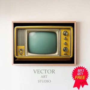 May include: A vintage yellow television set with a teal screen, framed in a light wood frame. The TV has a retro design with knobs and a speaker grill. The text "VECTOR ART STUDIO" is below the TV.