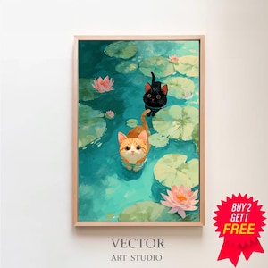 May include: A framed art print featuring two cats in a pond with lily pads and pink lotus flowers. One cat is orange and white, the other is black. The art print has the text "VECTOR ART STUDIO".