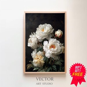以下が含まれることがあります： 暗い背景に白い牡丹の花束が描かれた額入りのアートプリント。 花はフリルのある花びらと黄色の中心を持っています。 プリントは明るい木製のフレームに入っています。 下部には「VECTOR ART STUDIO」の文字があります。