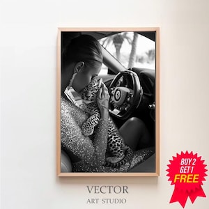 Cub in Classic Car Poster, Luxury Fashion Print, Black and White, Vintage Print, Feminist Poster, Printable Wall Art, Teen Girl Room Decor