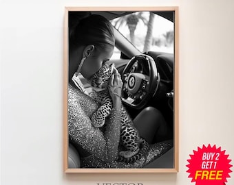 Cub in Classic Car Poster, Luxury Fashion Print, Black and White, Vintage Print, Feminist Poster, Printable Wall Art, Teen Girl Room Decor