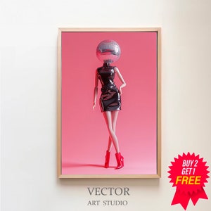 Retro Puppen Poster, Puppe Disco Ball, Girly Wandkunst, Preppy Poster, rosa Ästhetik, Y2K Ästhetischer Druck, veränderte Kunst, Wanddekoration für Studenten