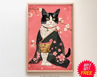 Imperfectly Perfect Feline Decor for Cat Lovers - Japanese Inspired Feline Illustration Print - Japanese Cat Poster