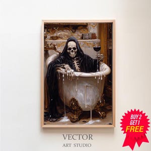grim reaper in bathroom print | bubble bath skeleton, vintage poster, art poster print, dark academia, halloween art decor, haunting ghost