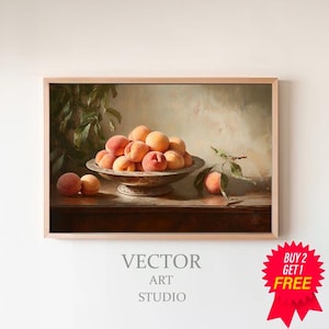 Moody Vintage Fruit Still Life: Peaches Oil Painting | Collection &#39;Tranquil Stillness&#39; by ARTEDYA | Printable Wall Art - Digital Download