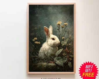 Cottagecore Decor White Hare Rabbit Art | Wild Bunny Woods Wall Decor | Farmhouse Animal Painting