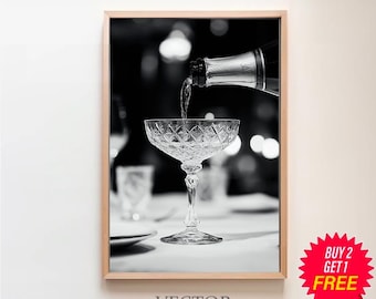 Poster di champagne, bianco e nero, stampa carrello bar, arte murale cocktail, arredamento bar vintage, stampa champagne, arte murale alcolica, download digitale