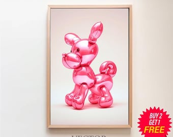 Impresión de perro con globos, arte de pared preppy rosa, impresión para amantes de los perros, póster de arte animal, arte de moda con estampado femenino, impresión de animal con globos, impresión de arte para guardería