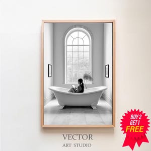 Feminist Poster, Woman Drinking Wine & Reading in Bathtub Print, Black and White, Girls Bathroom Decor, Alcohol Wall Art, Digital Download