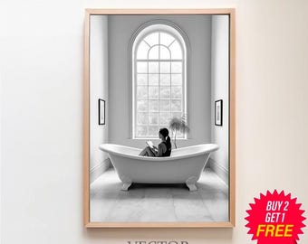 Feminist Poster, Woman Drinking Wine & Reading in Bathtub Print, Black and White, Girls Bathroom Decor, Alcohol Wall Art, Digital Download