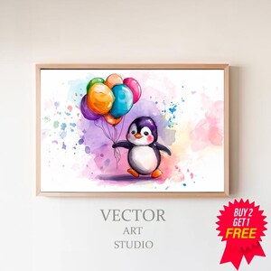 May include: A watercolor painting of a penguin holding a bunch of colorful balloons. The penguin is standing on a light purple background with pink and white watercolor splatters.