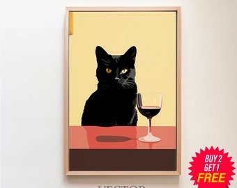 Whimsical Cat Art Print: Black Cat With Wine (digital Print) - Etsy