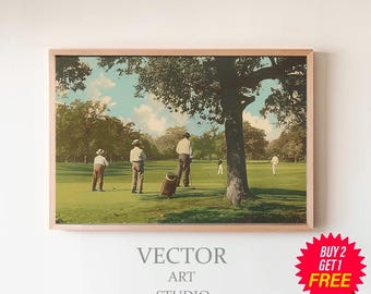 Puede incluir: Una postal vintage con cuatro hombres jugando al golf en un día soleado. Los hombres visten camisas y pantalones blancos, y están de pie en un campo de golf verde. Hay un gran árbol en el fondo, y el cielo es azul con nubes blancas.