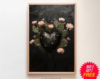 Mexican Cactus Heart Canvas, Mexican Folk Art Painting, Mexico Wall Art, Cactus Wall Art, Vintage Wall Art, Cactus Print, Boho Wall Decor