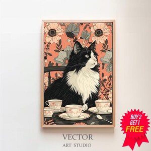 Tekatttryck Kaffe Desserttryck Kaffekattposter Brödkatt Kökstryck Kattälskare Gåva Söt katttryck Boho Katt Rolig Kattväggkonst