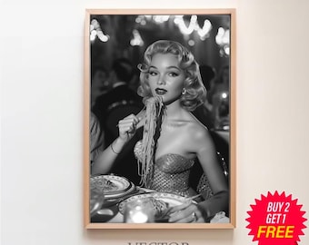 Italian Woman Eating Spaghetti Poster, Black and White, Pasta Print, Kitchen Wall Art, Vintage Food Poster, Restaurant Decor, Pasta Poster