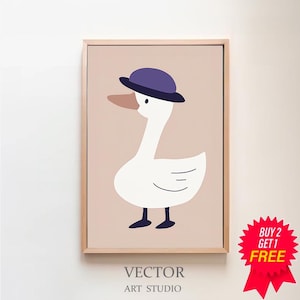 Silly Goose Wall Art Goose with Flower Hat Illustration Cute Goose Poster Neutral Girl Nursery Decor Goose Printable Blue Girls Room Print