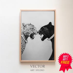 Chic Leopard and Panther Print, Elegant Wild Cats in Pearls, Black and White Animal Photography, Instant Download, Fashionable Jungle Art